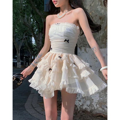 vmtvr  -  Korean Y2k White Mini Dress for Women New Summer Casual Tulle Bralette Sleeveless Lolita Birthday Cake Puff Female Clothes