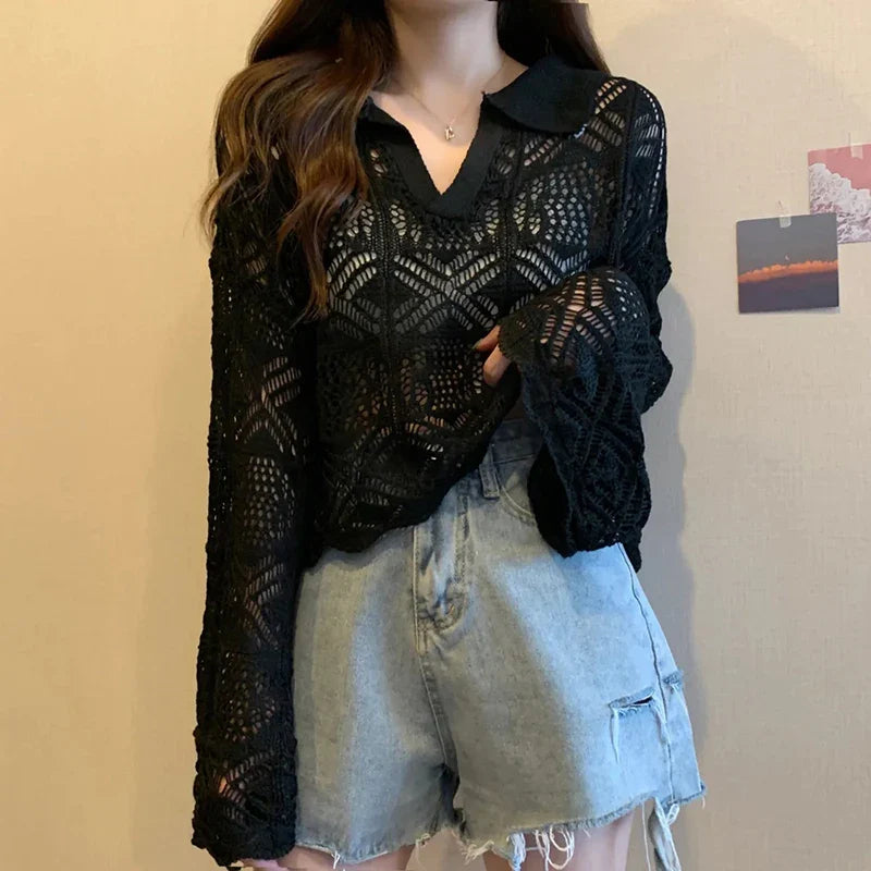 vmtvr Women Sexy Hollow Out Knit Shirts Summer Korean Fashion Loose Sun Protection Blouse Casual Female Flared Long Sleeve Tops