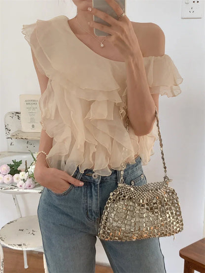 vmtvr S-M Apricot Blouses Ruffles Daily Summer Gentle Skew Collar Tank Tops Slim New Elegant Office Lady Chic Solid