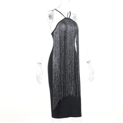 Sexy Sequins Tassel Halter Dress Women Fashion Sleeveless Backless Slim Dresses Lady Elegant Clubwear Party Evening  Dress