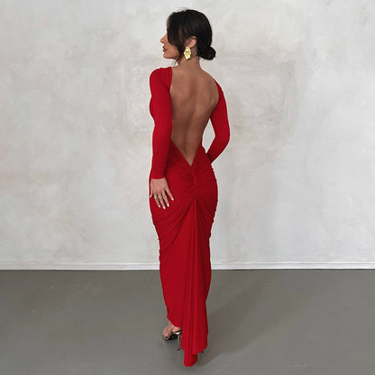 vmtvr Backless Maxi Dress Elegant Red Long Sleeve Sexy Ruched Bodyocn Evening Party Dress for Women 2023 Spring Slim Christmas Outfits