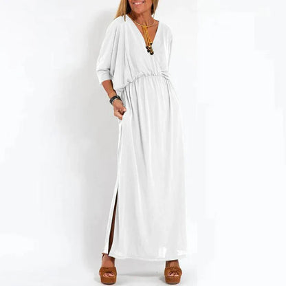 vmtvr Spring Summer Lady Casual Long Dress Sexy V-neck Side Split Solid Party Dress Elegant Half Sleeve Elastic Waist Pleat Maxi Dress