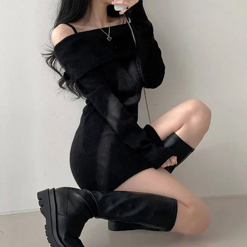 -Korean Knitted Mini Dress Women Off Shoulder Sexy Bodycon Dress Autumn Winter Solid Pullover Dresses  Suspender Sweater