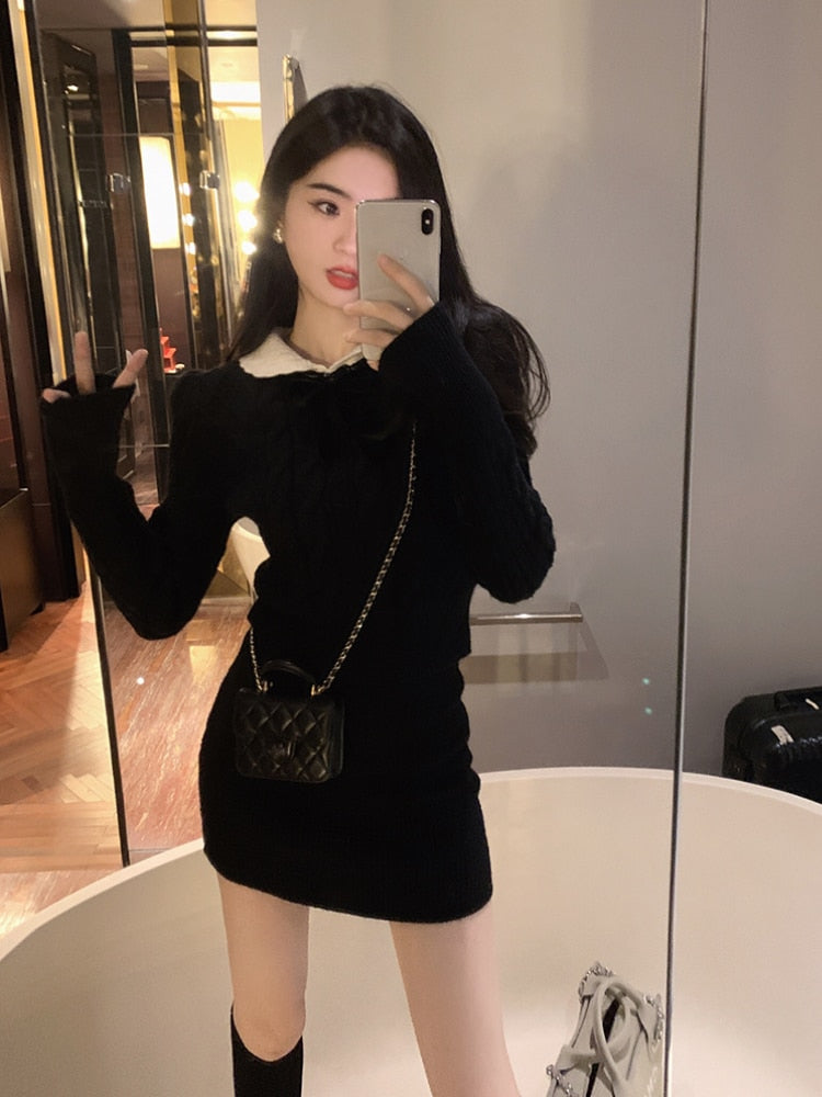 vmtvr - Autumn Kawaii Knitted Two Piece Set Women Casual Bow Sweet Mini Skirt Suit Female Korean Fashion Warm Elegant Sweater Set