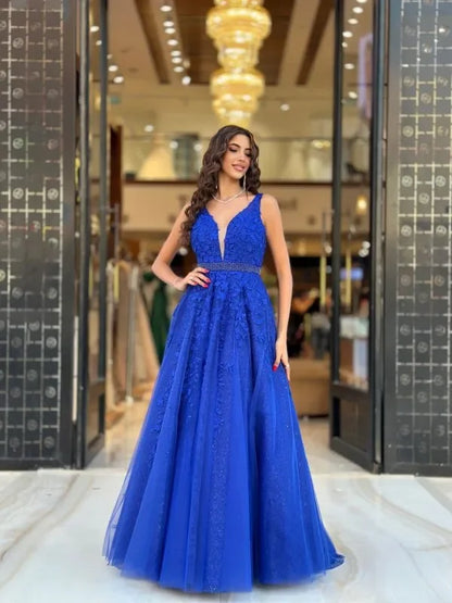 vmtvr  -  New classic luxury blue evening dress line applique lace sexy V-neck Special occasion formal party elegant ball dress custom