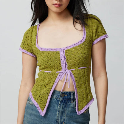 vmtvr y2k Crop Top Summer Women Contrast Color Square Neck Short Sleeve T-shirt 2000s Aesthetic Clothing Fashion Knitwear