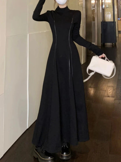 vmtvr Women Elegant Casual Long Sleeve Dress Autumn Black Vintage Solid Chic Holiday A-Line Party Dresses Female Fashion Vestidos Robe