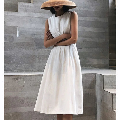 vmtvr Elegant Women Black Dress Korean Fashion Female Waist Midi Dress Hepburn Style Button A Line Sleeveless Dresses Summer New