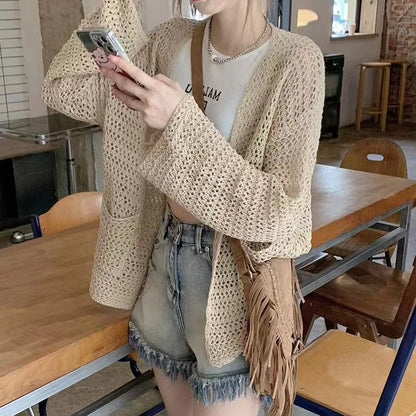 vmtvr Summer Hollow Out Knitwear Women Fashion Streetwear Long Sleeve Tops Korean Female Casual All Match Y2K Loose T Shirts New