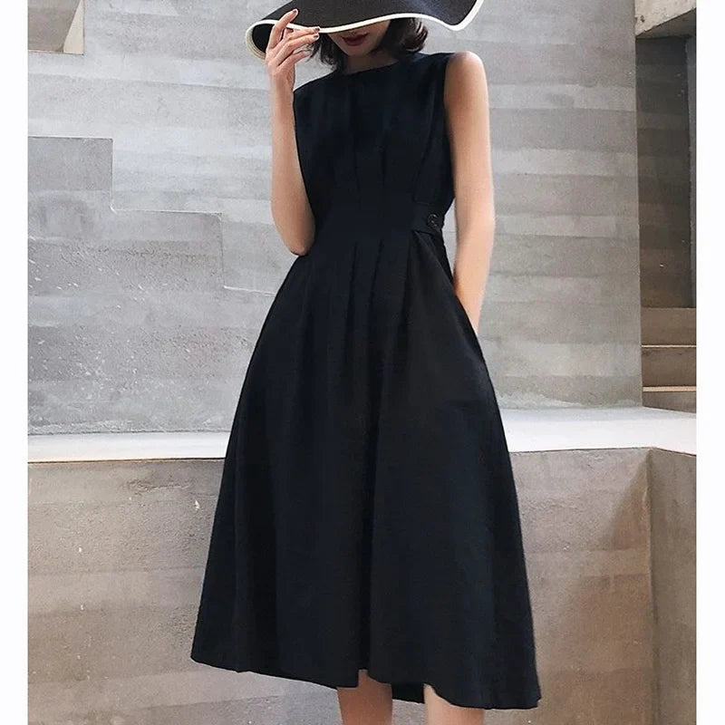 vmtvr Elegant Women Black Dress Korean Fashion Female Waist Midi Dress Hepburn Style Button A Line Sleeveless Dresses Summer New