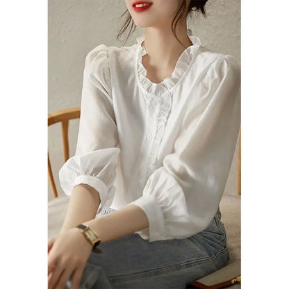 vmtvr French Style Solid Colored Shirt with Wooden Ear Edge 3/4 Sleeve Cardigan Summer New Loose Fitting and Breathable Top