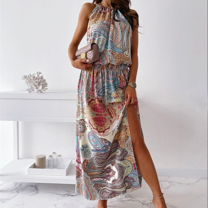 Summer Sleeveless Long Dress Women Printed Halter Neck Dress Sexy Boho Waist Slit Maxi Dress Female Casual Beach Sundress