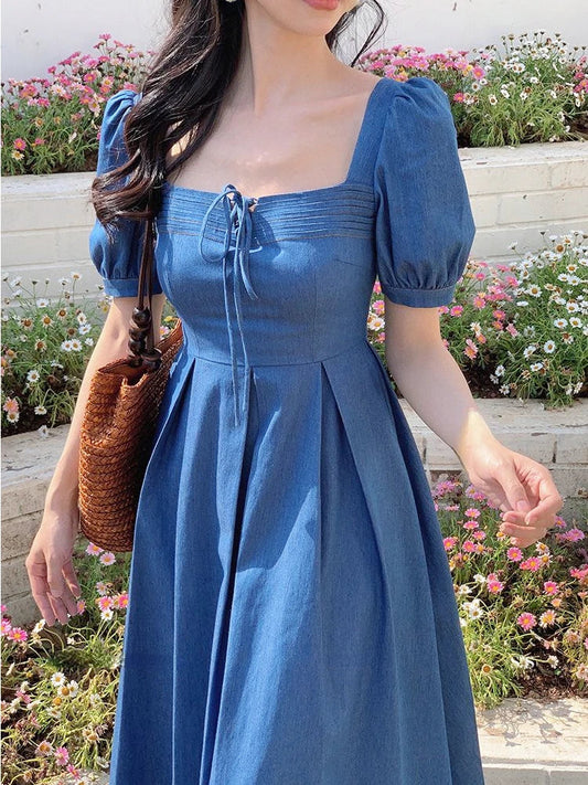 2024 Summer Vintage Elegant Fairy Dress Women Short Sleeve Y2k Causal Midi Dress Female Solid Korean Fashion Chic Party Dresses