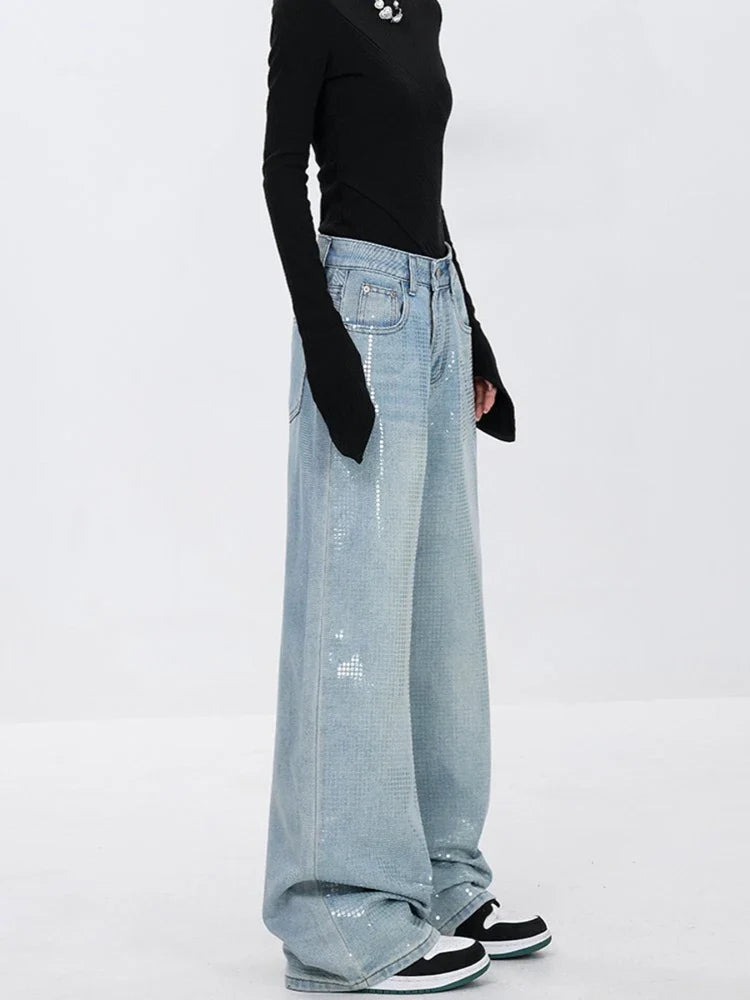 vmtvr Heavy Sequins Jeans for Women 2024 Summer New Fashion Retro High Waist Loose Casual Straight Denim Pants Wide Leg Pants