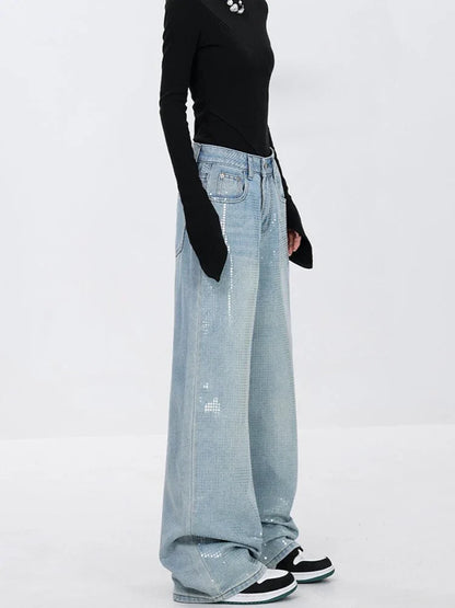 vmtvr Heavy Sequins Jeans for Women 2024 Summer New Fashion Retro High Waist Loose Casual Straight Denim Pants Wide Leg Pants