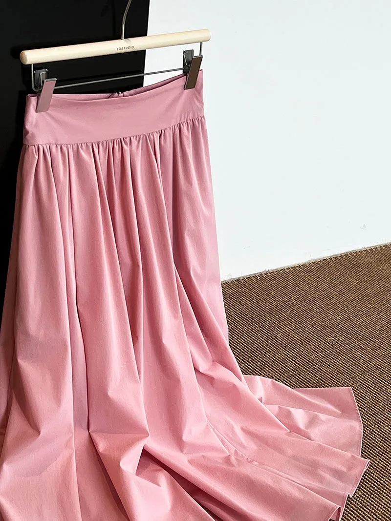 vmtvr Elegant Women Pleated White Pockets Long Skirts Office Ladies Casual Loose High Waist Midi Skirt 2024 Spring Summer