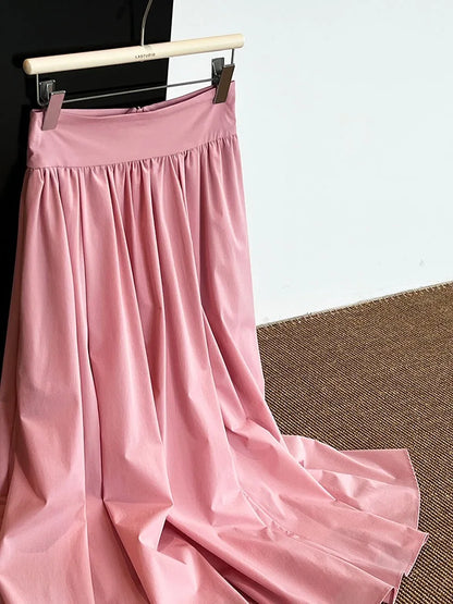 vmtvr Elegant Women Pleated White Pockets Long Skirts Office Ladies Casual Loose High Waist Midi Skirt 2024 Spring Summer