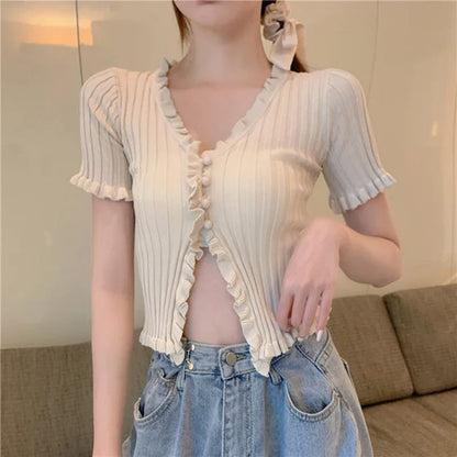 vmtvr Vintage Ruffles Women Knitted T Shirts Summer Korean Short Sleeve Crop Tops Button Up Sexy V Neck Cardigan Female Tees