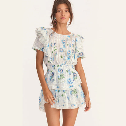 vmtvr New Arrival Summer Short Sleeve Natasha Mini Dress Women Ruffled A-line Dress Blue Print