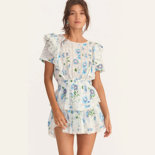 vmtvr New Arrival Summer Short Sleeve Natasha Mini Dress Women Ruffled A-line Dress Blue Print