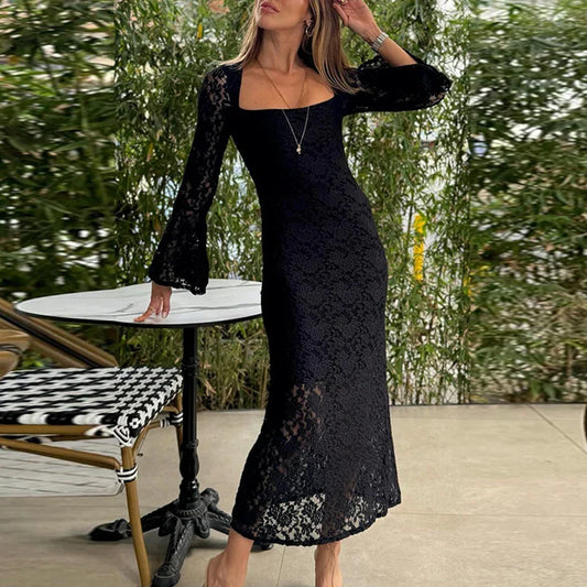 vmtvr  -  Women Elegant Square Neck Solid Long Dress Sexy Embroidered Lace Hollow Party Dress Fashion Side Split Flare Sleeve Slim Dresses