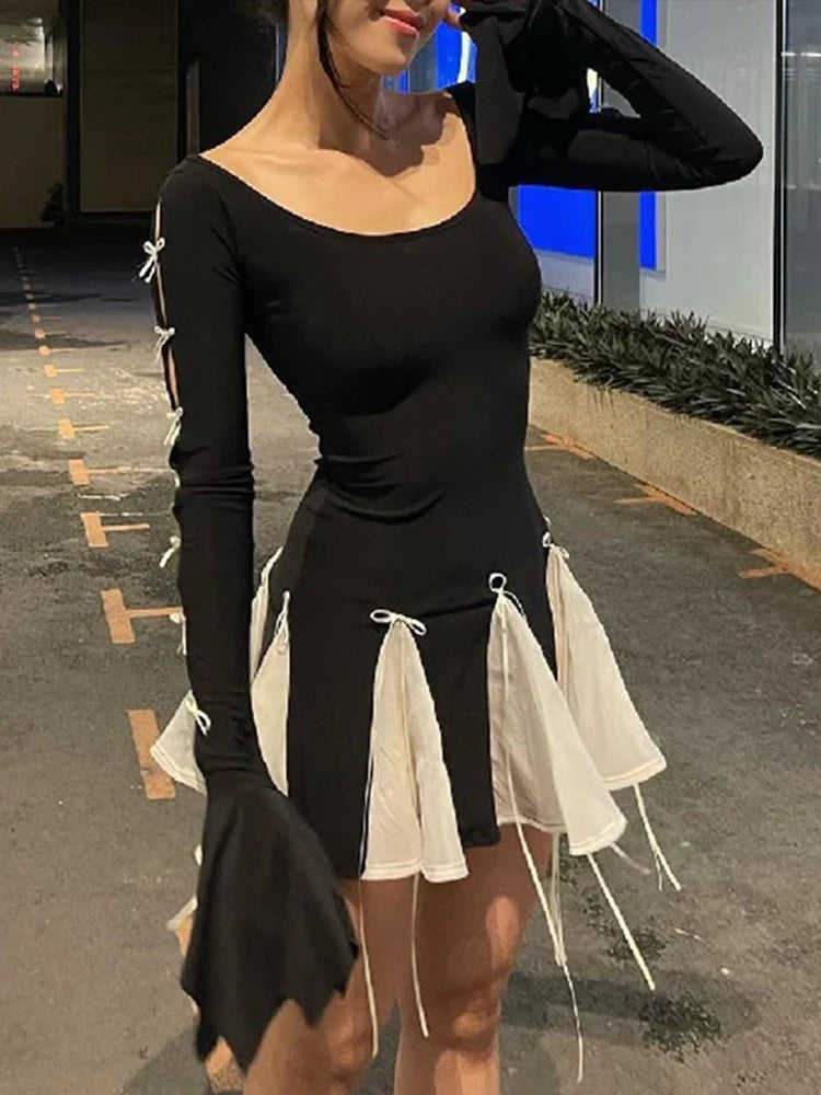 vmtvr Fashion Mini Dress Women Autumn New Long Sleeves Flare Sleeve Bandage Black Sexy A-LINE Dresses Slim Club Elegant Party Dress