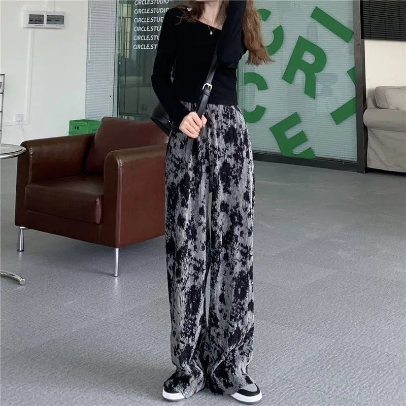 vmtvr Korean Fashion Women Tie Dye Pleated Wide Leg Pants Spring Summer Elastic High Waist Versatile Loose Straight Casual Trousers