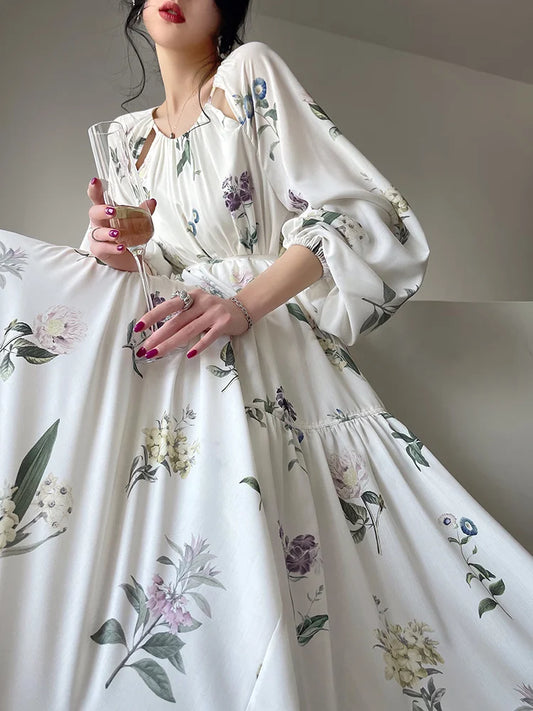 vmtvr  -  Holiday Midi Dresses for Women Summer French Fashion Print O Neck Lantern Sleeve Female Clothes Elegant Loose Vintage Dress