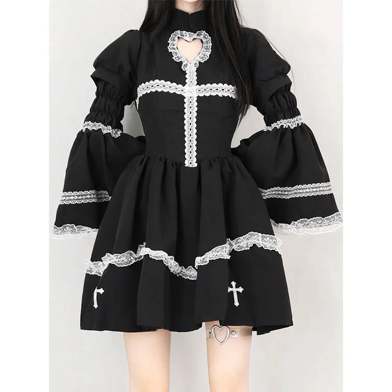 vmtvr  -  Japanese Gothic Cosplay Dress Female Harajuku Maid Kawaii Lolita Dress Women Costumes Hollow Out Long Sleeve Lace Y2k Clothes