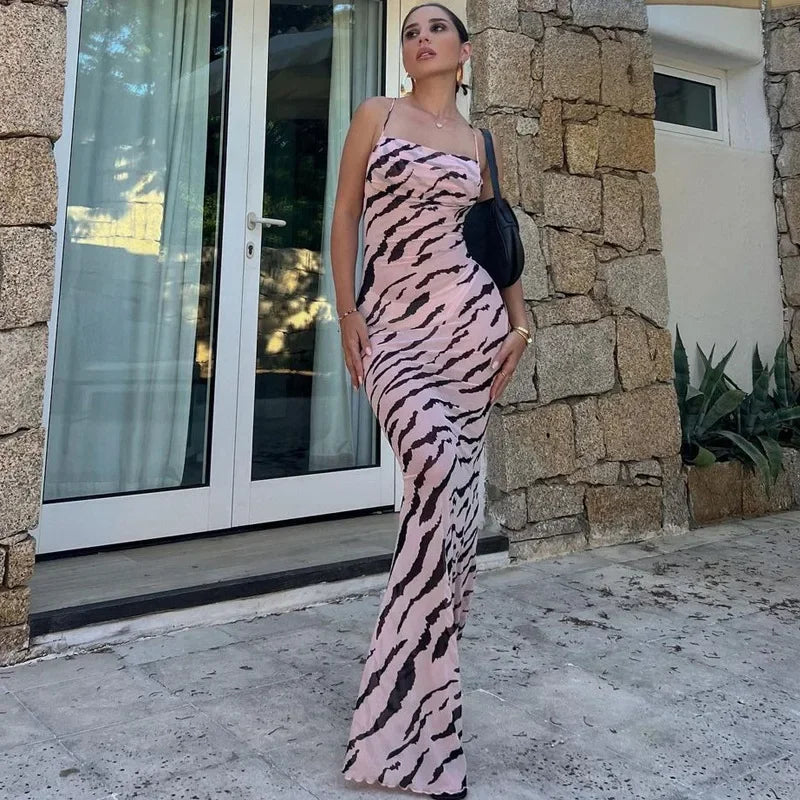 vmtvr  -  Zebra Print Beach Dress Women Sexy Mesh See Through Backless Long Dresses Summer Fashion Spaghetti Strap Slim Holiday Dress