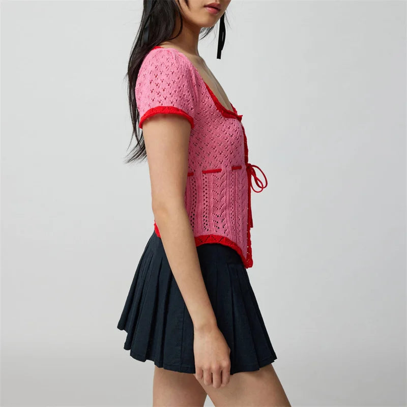 vmtvr y2k Crop Top Summer Women Contrast Color Square Neck Short Sleeve T-shirt 2000s Aesthetic Clothing Fashion Knitwear