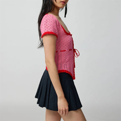 vmtvr y2k Crop Top Summer Women Contrast Color Square Neck Short Sleeve T-shirt 2000s Aesthetic Clothing Fashion Knitwear