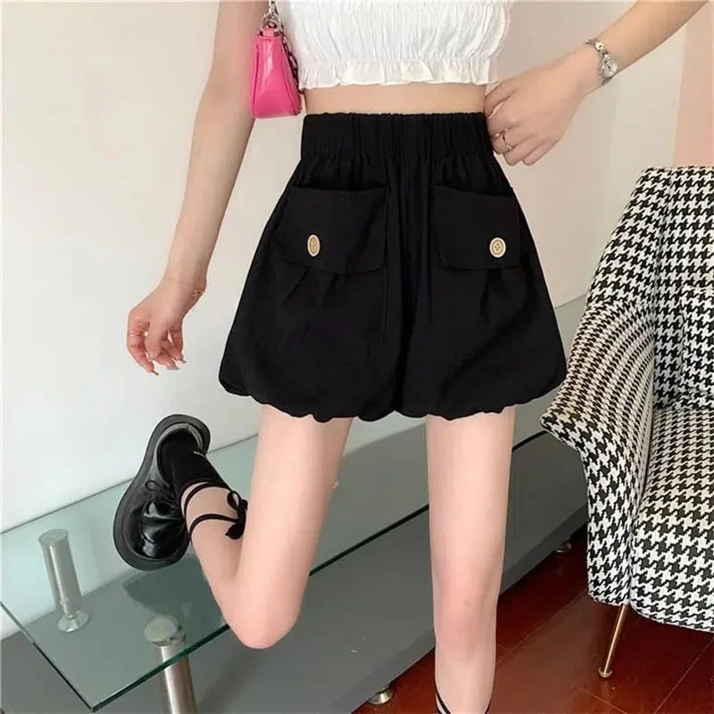 vmtvr Summer Women Shorts Korean High Waist Female Streetwear Lantern Shorts Fashion Big Pocket Button Loose Sports Shorts