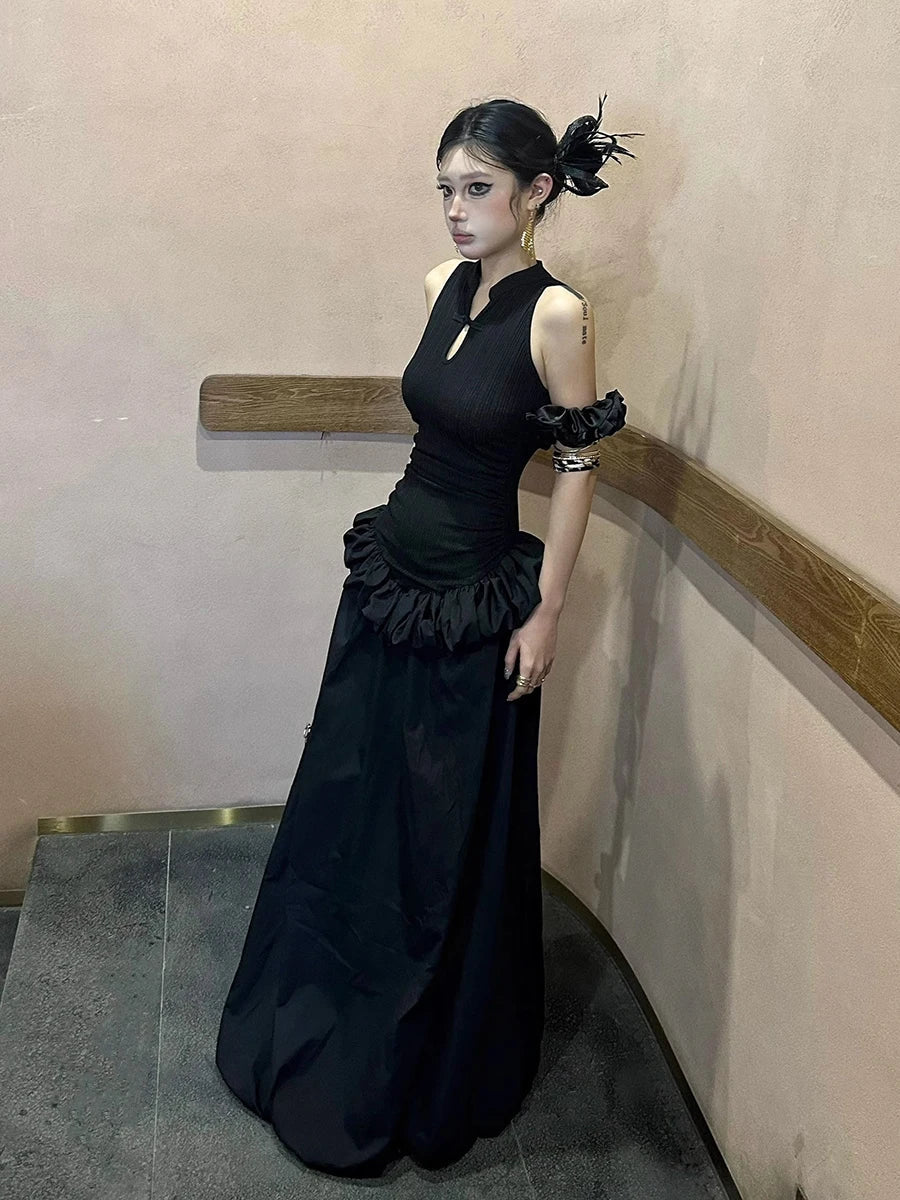 vmtvr  -  Steampunk Black Evening Party Dress Women Cut-out Ruffle Patchwork Sleeveless Maxi Long Tank Dress Gothic Retro Clothes