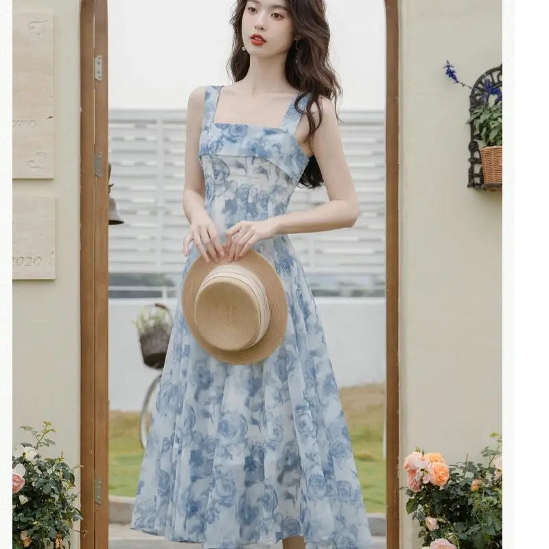 vmtvr Vintage Floral Two-piece Dress Women Summer Elegant Long Strap Dress Female Korean Style Beach Evening Party Fairy Dresses