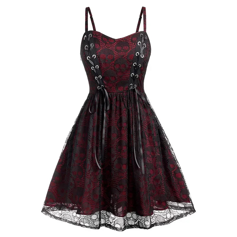 vmtvr  -  Women's Sleeveless Punk Dress Camisole Skull Print Lace Swing Dress Halloween Spaghetti Strap Steampunk Dress Goth Clothes