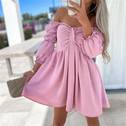 Women Elegant Lantern Half Sleeve Strapless Dress Sexy Off Shoulder Bow Pleat Loose Mini Dress Summer Casual Solid Beach Dress