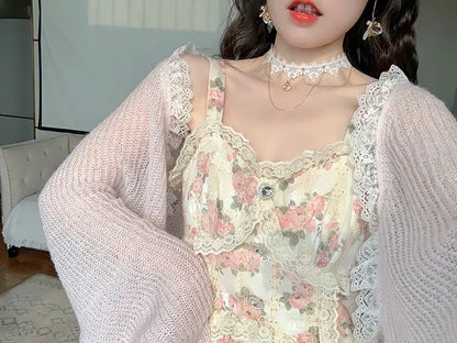 vmtvr Chiffon Lace Strap Dress Women Floral Embroidery Fairy Vintage Long Dress Female Sweet Princess Casual Party Dresses Summer