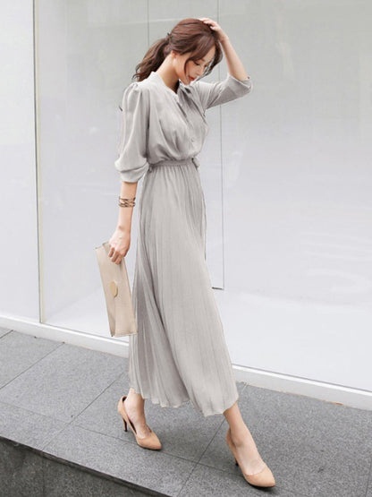 vmtvr Elegant Chiffon Long Sleeve Shirt Dress Women Belt Lace Up A-line Pleated Maxi Dress Korean Fashion Fall Clothes Streetwear