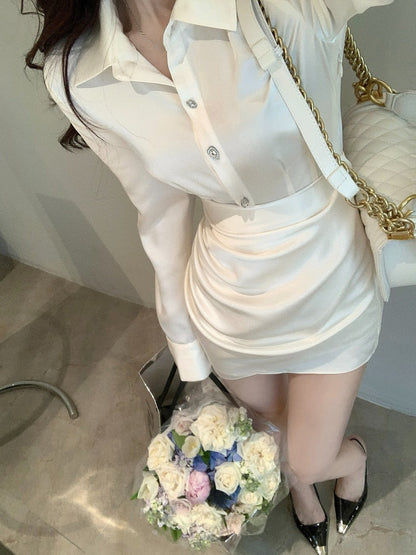 vmtvr - Elegant Shirt Dress Women Casual Long Sleeve Y2k Mini Dress Even Party Female Pure Color Autumn One Piece Dress Korean Chic