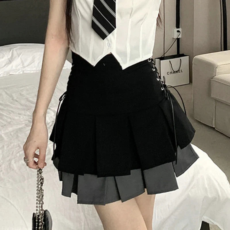 vmtvr High Waist Women Patchwork Skirts Summer Fashion Lace Up Female Mini Skirts Korean Elegant Pleated A Line Skirts New