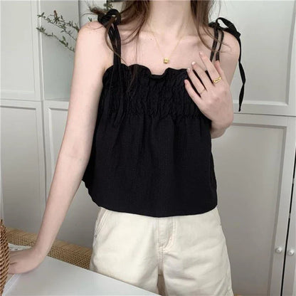 vmtvr Sexy Off Shoulder Camis Women Summer Ruched Loose Lace Up Tops Y2K All Match Female Korean Black Tanks New