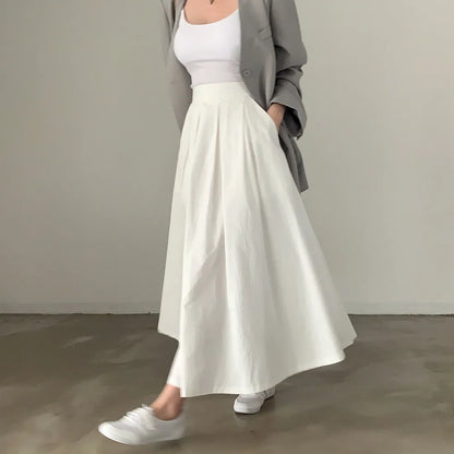 vmtvr Elegant Women White Long Pocket Skirts For Female Casual Loose A-Line High Elastic Waist Midi Skirt 2024 Spring Summer L986