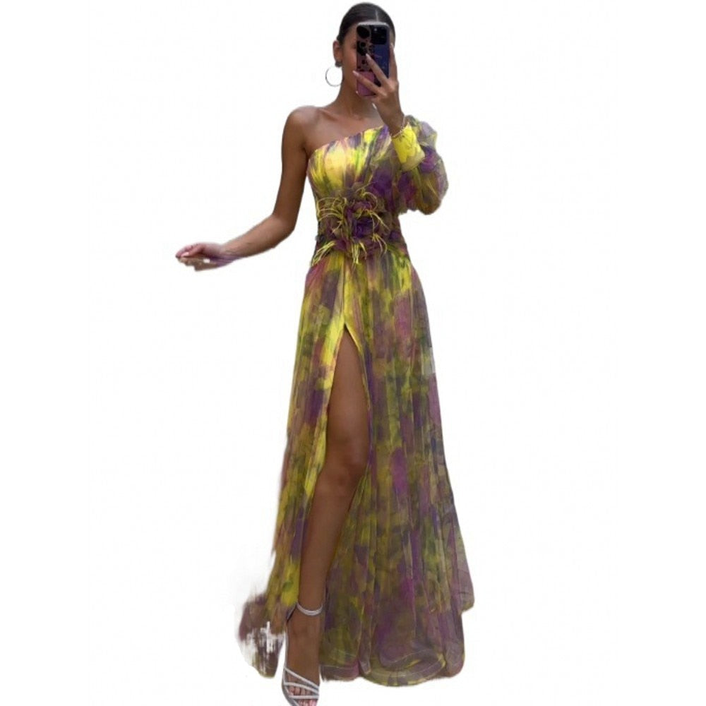 vmtvr - Elegant Tie-dye Print Dress Women  Fashion Oblique Shoulder Pleated Long Dresses 2023 Summer Autumn Lady Party Evening Vestidos