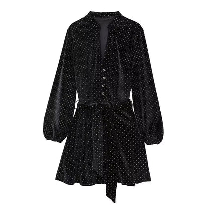 New Fashion Women Black Velvet Shirt Dress With Belt Long Sleeve Female Autumn Winter Mini Dress