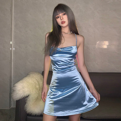 Summer Spaghetti Strap Mini Satin Dress Women Sexy Backless Bodycon Party Dress Short Club Dress