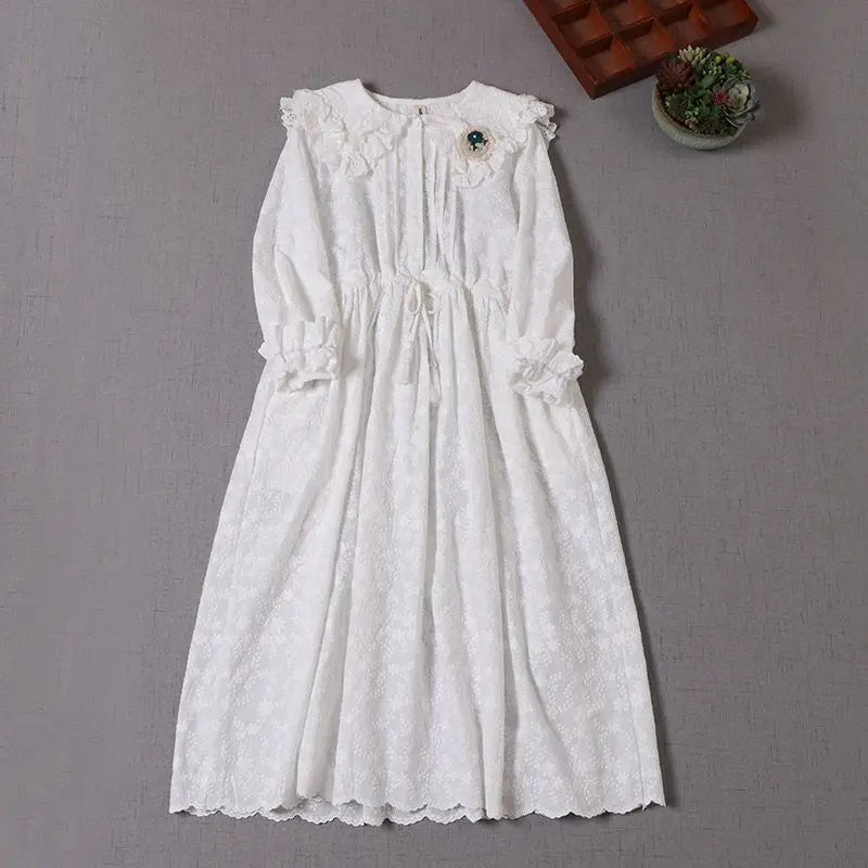 vmtvr  -  sweet girl solid embroidery flower cotton dress Japan style peter pan collar long sleeve midi dress lolita fairy dress