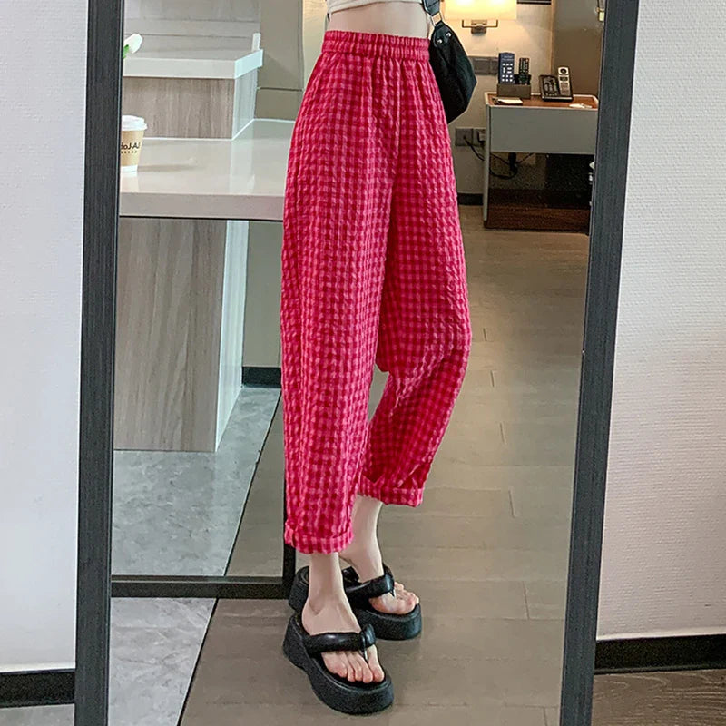 vmtvr Women Cotton Linen Plaid Pants Korean Casual Streetwear Ankle Length Pants Summer Fashion Female High Waist Y2K Trousers New