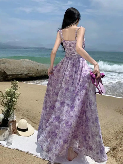 vmtvr  -  French Vintage Purple Print Long Dresses for Women Summer Sexy Backless Sleeveless Ruffles Beach Holiday Female Clothing