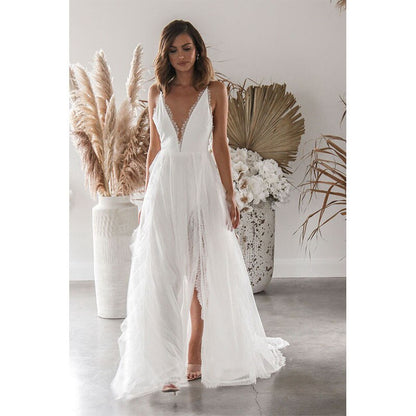 vmtvr Woman Wedding Maxi Slip Dress Summer Sexy Bridesmaid Banquet White Split V Neck Backless Lace Female Long Elegant Evening Dress